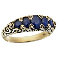 Blue Sapphire Five Stone Wedding Band Ring Antique Style in 14K Yellow Gold
