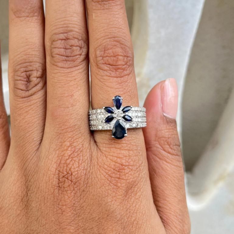For Sale:  Blue Sapphire Flower and Diamond Engagement Band Ring in Sterling Silver 2