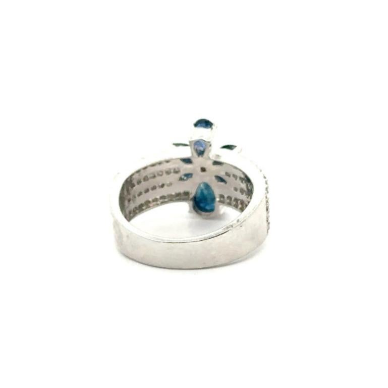 For Sale:  Blue Sapphire Flower and Diamond Engagement Band Ring in Sterling Silver 4