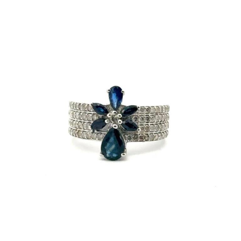 For Sale:  Blue Sapphire Flower and Diamond Engagement Band Ring in Sterling Silver 7