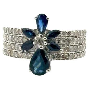 Blue Sapphire Flower and Diamond Engagement Band Ring in Sterling Silver
