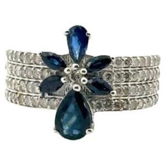 Blue Sapphire Flower and Diamond Engagement Band Ring in Sterling Silver