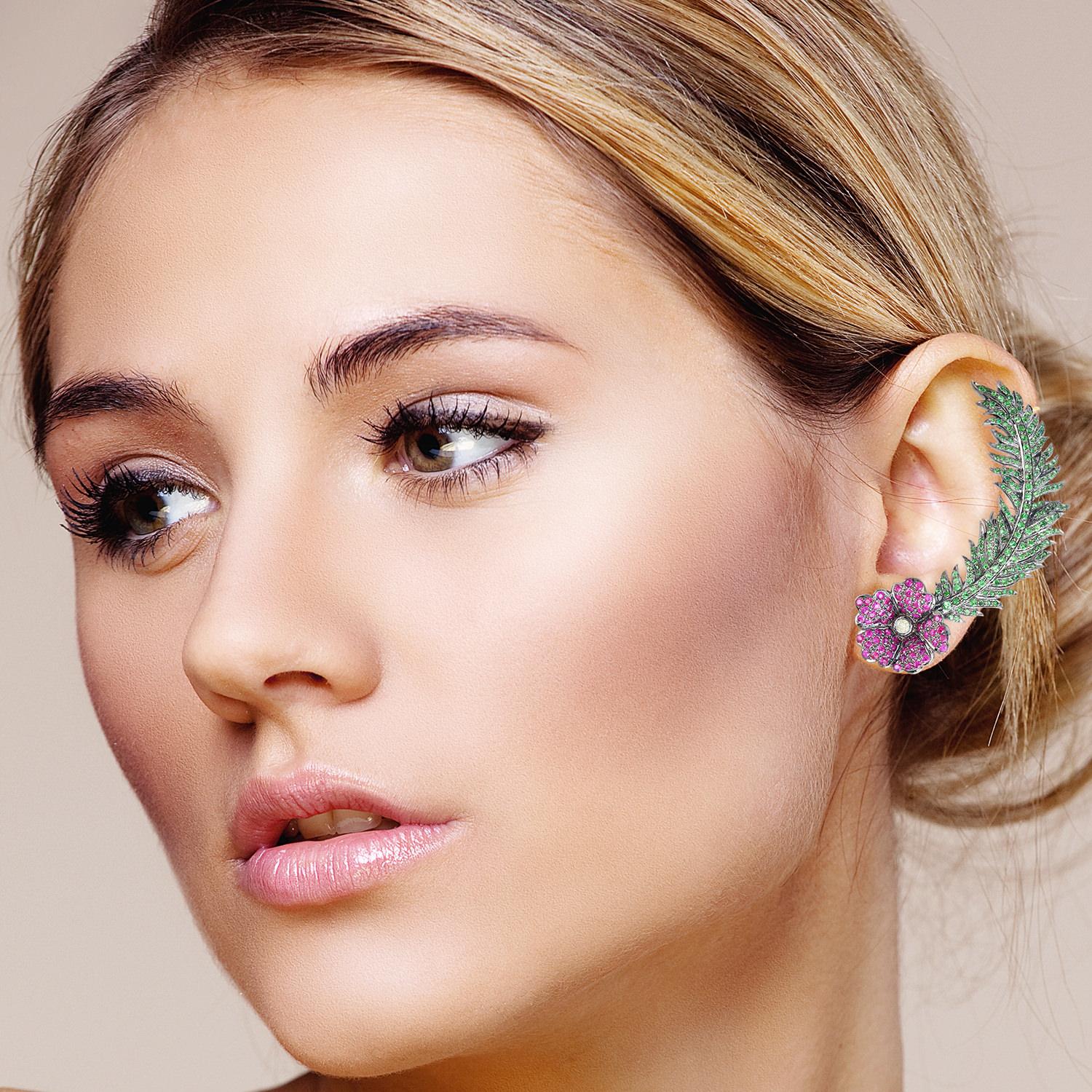 Contemporary Blue Sapphire Flower Diamond Ear Cuff Earrings For Sale