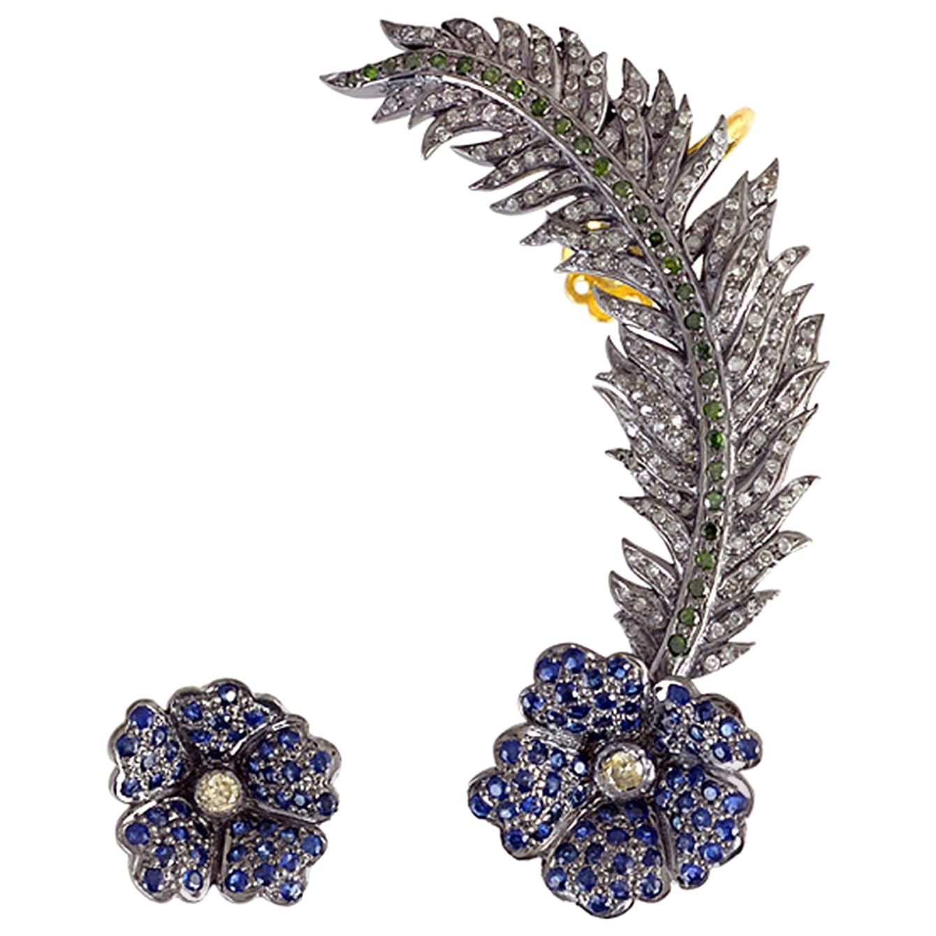 Blue Sapphire Flower Diamond Ear Cuff Earrings For Sale