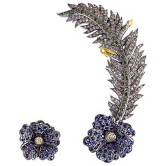 Blue Sapphire Flower Diamond Ear Cuff Earrings