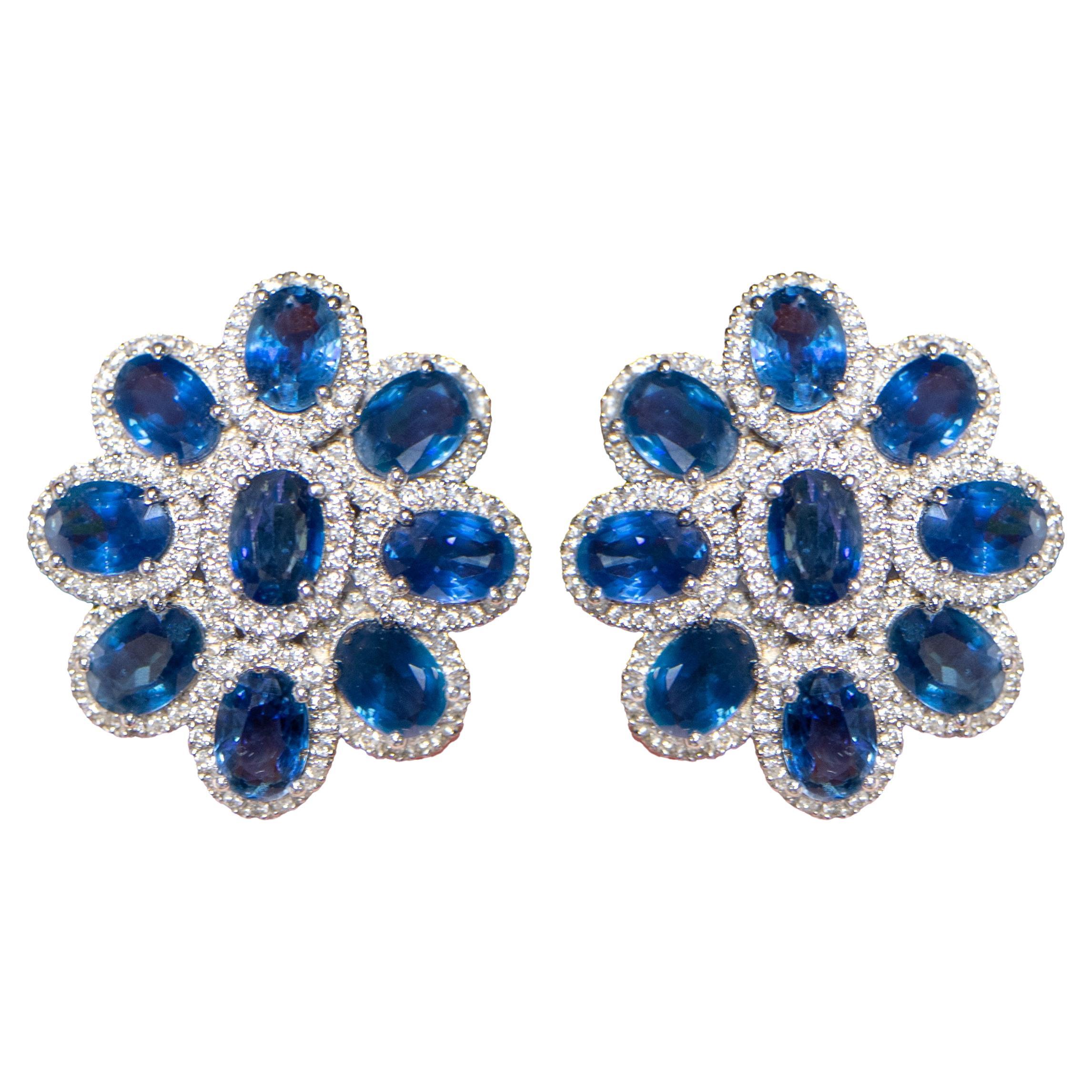 Blue Sapphire Flower Earrings With Diamonds 11 Carats 18K Gold