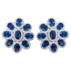 Blue Sapphire Flower Earrings With Diamonds 11 Carats 18K Gold