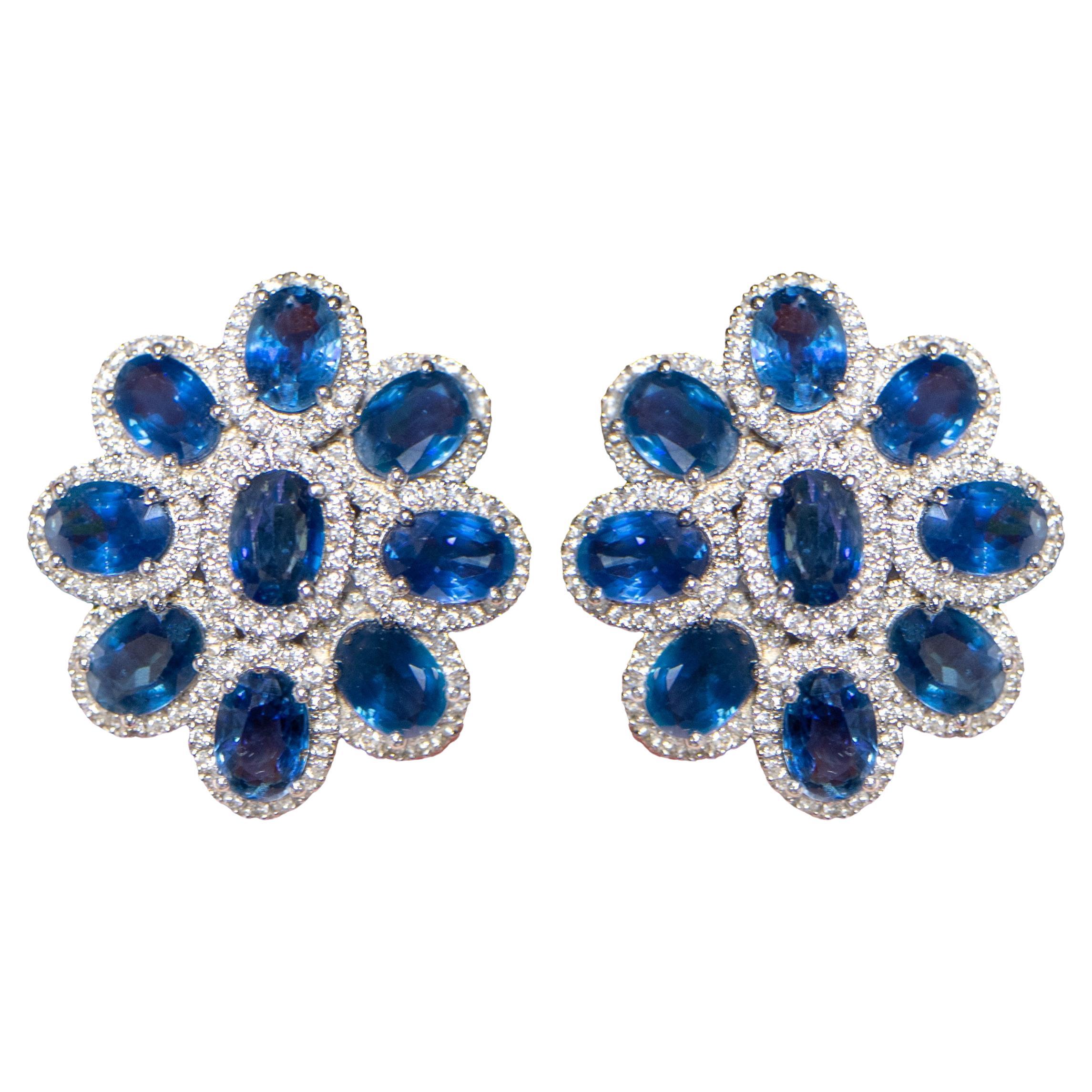 Blue Sapphire Flower Earrings With Diamonds 11 Carats 18K Gold For Sale