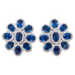 Blauer Saphir-Blumen-Ohrringe mit Diamanten 11 Karat 18K Gold