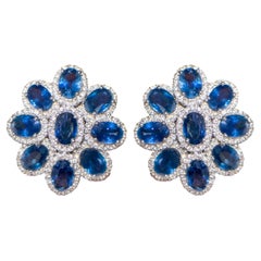 Blauer Saphir-Blumen-Ohrringe mit Diamanten 11 Karat 18K Gold