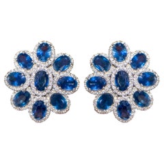Blue Sapphire Flower Earrings With Diamonds 11 Carats 18K Gold
