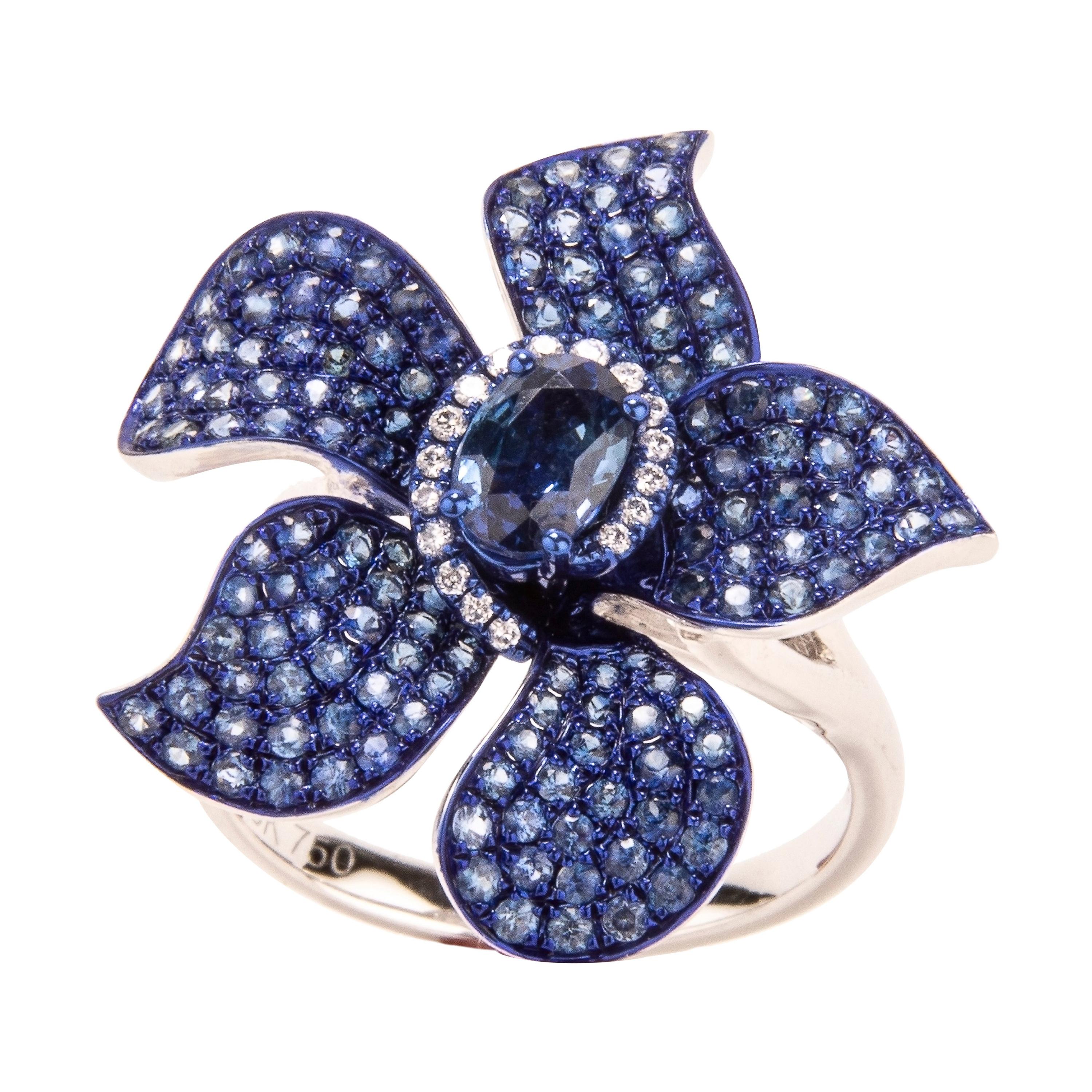 Blue Sapphire Flower Ring For Sale