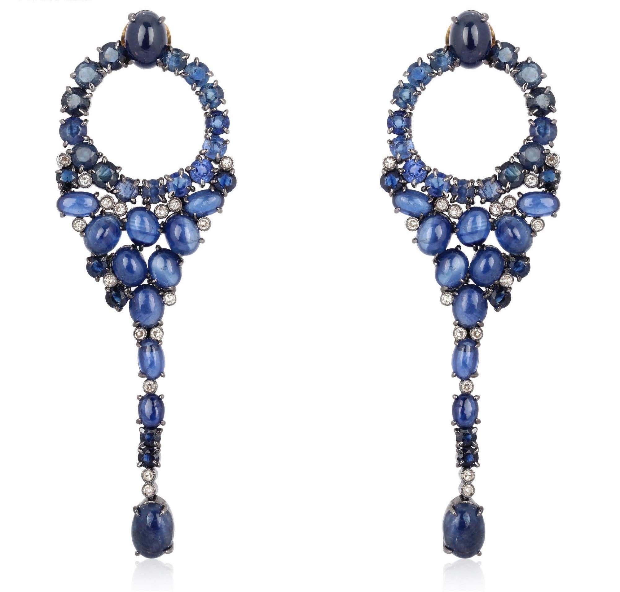 Cabochon Blue Sapphire Fluid Diamond Earrings For Sale