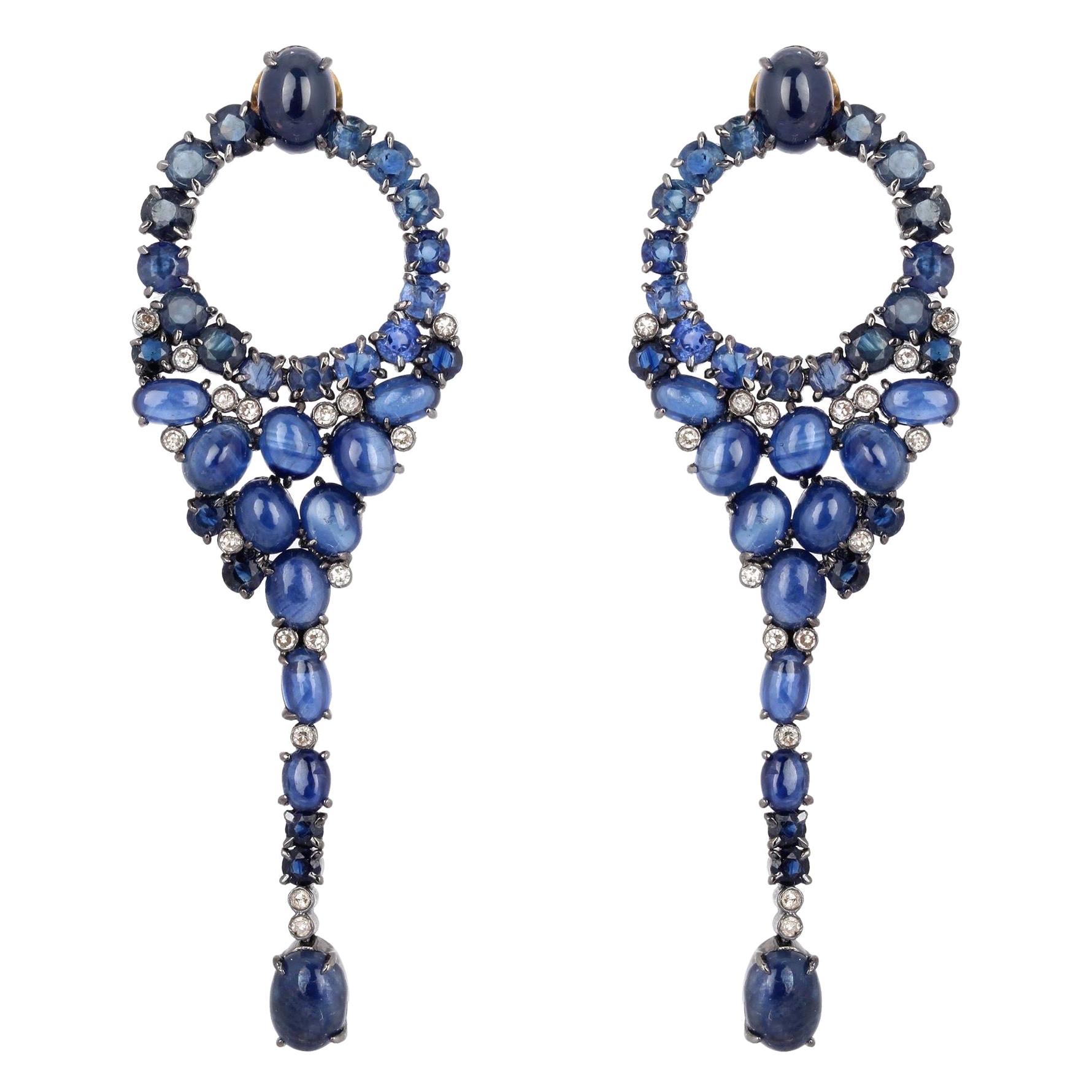 Blue Sapphire Fluid Diamond Earrings For Sale