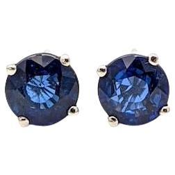 Blue Sapphire Four Prong Solitaire Stud Earrings in Solid 14K Gold Round 5mm