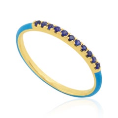Blue Sapphire Gemstone Blue Enamel Half Eternity Band Ring 14 Karat Yellow Gold