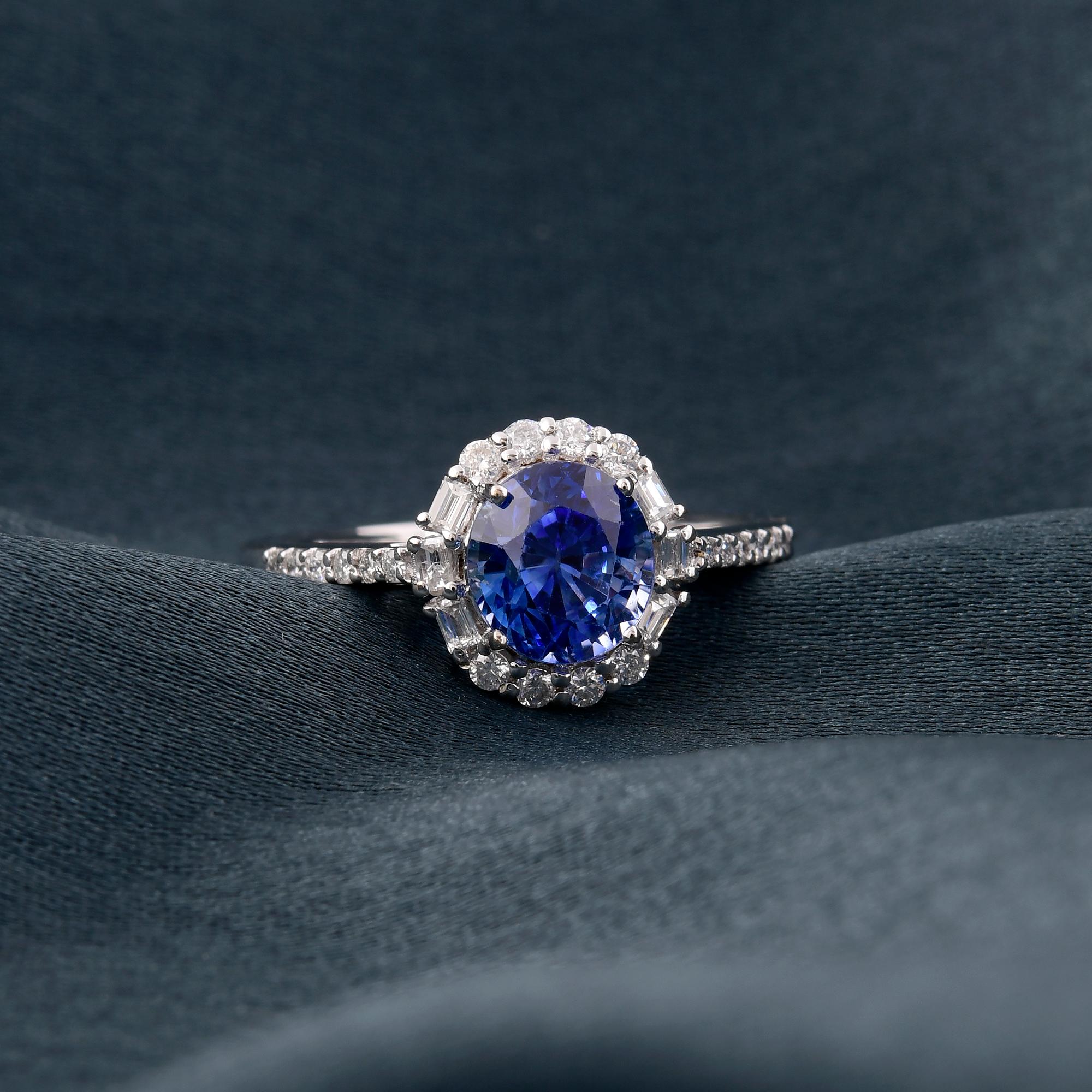 Round Cut Blue Sapphire Gemstone Cocktail Ring Baguette Diamond 10 Kt White Gold Jewelry For Sale
