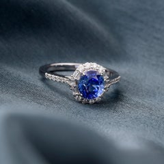 Spectrum 14K White Gold Natural Blue Sapphire and Diamond Halo Statement Ring