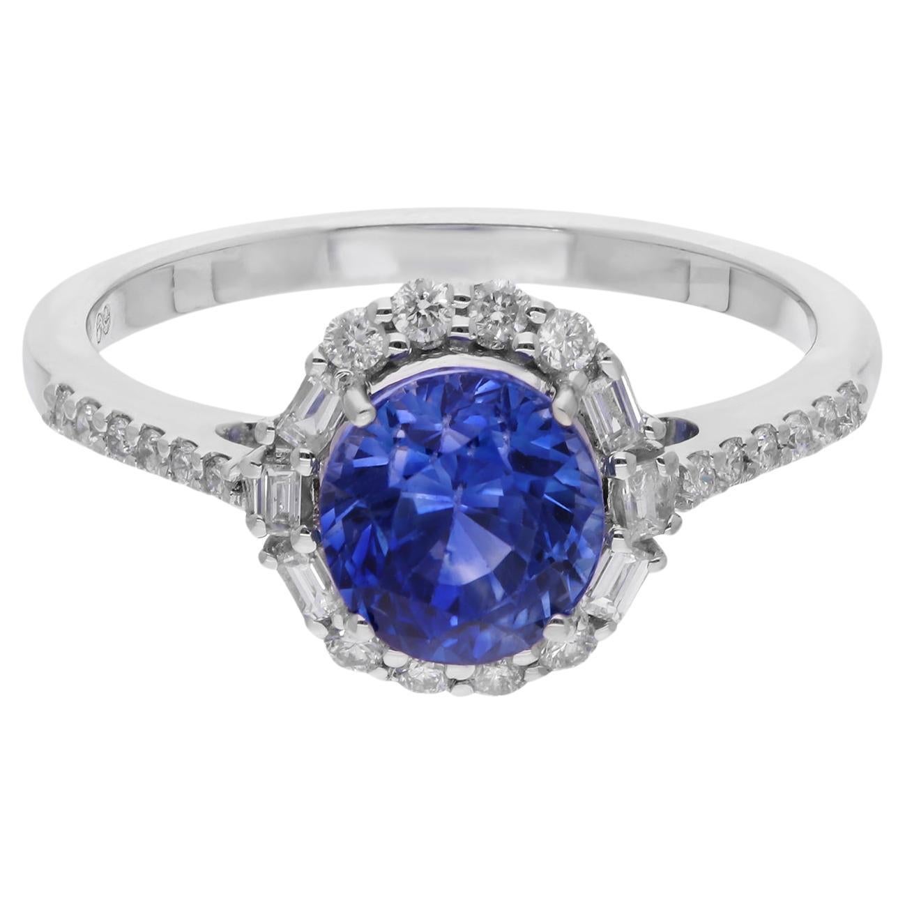 Blue Sapphire Gemstone Cocktail Ring Baguette Diamond 14 Kt White Gold Jewelry For Sale