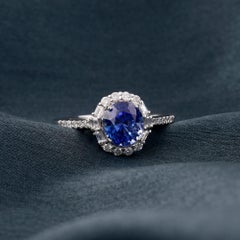 Spectrum 18K White Gold Natural Blue Sapphire and Diamond Halo Statement Ring