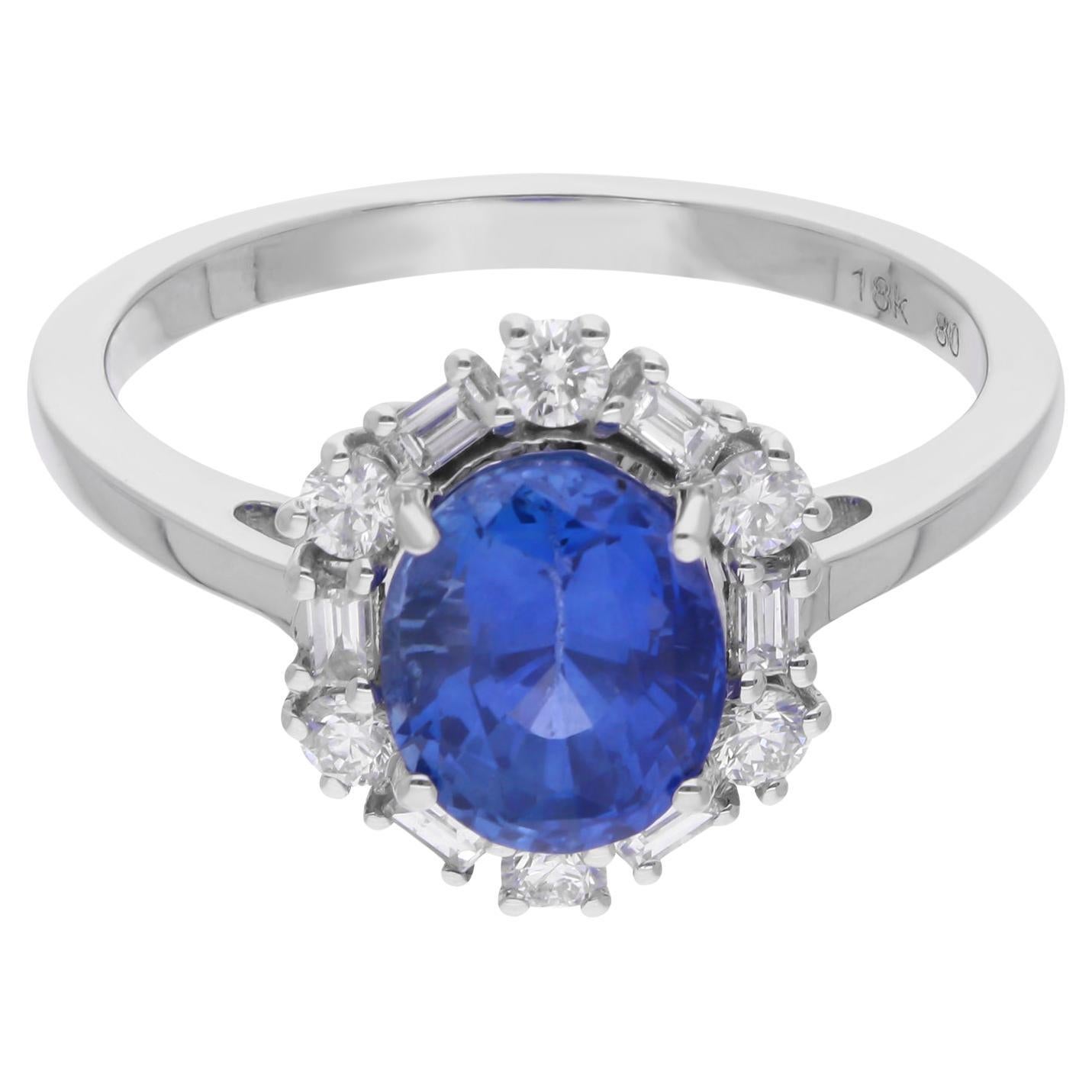 Bague cocktail en or blanc 10 carats avec saphir bleu et diamants, faite à la main