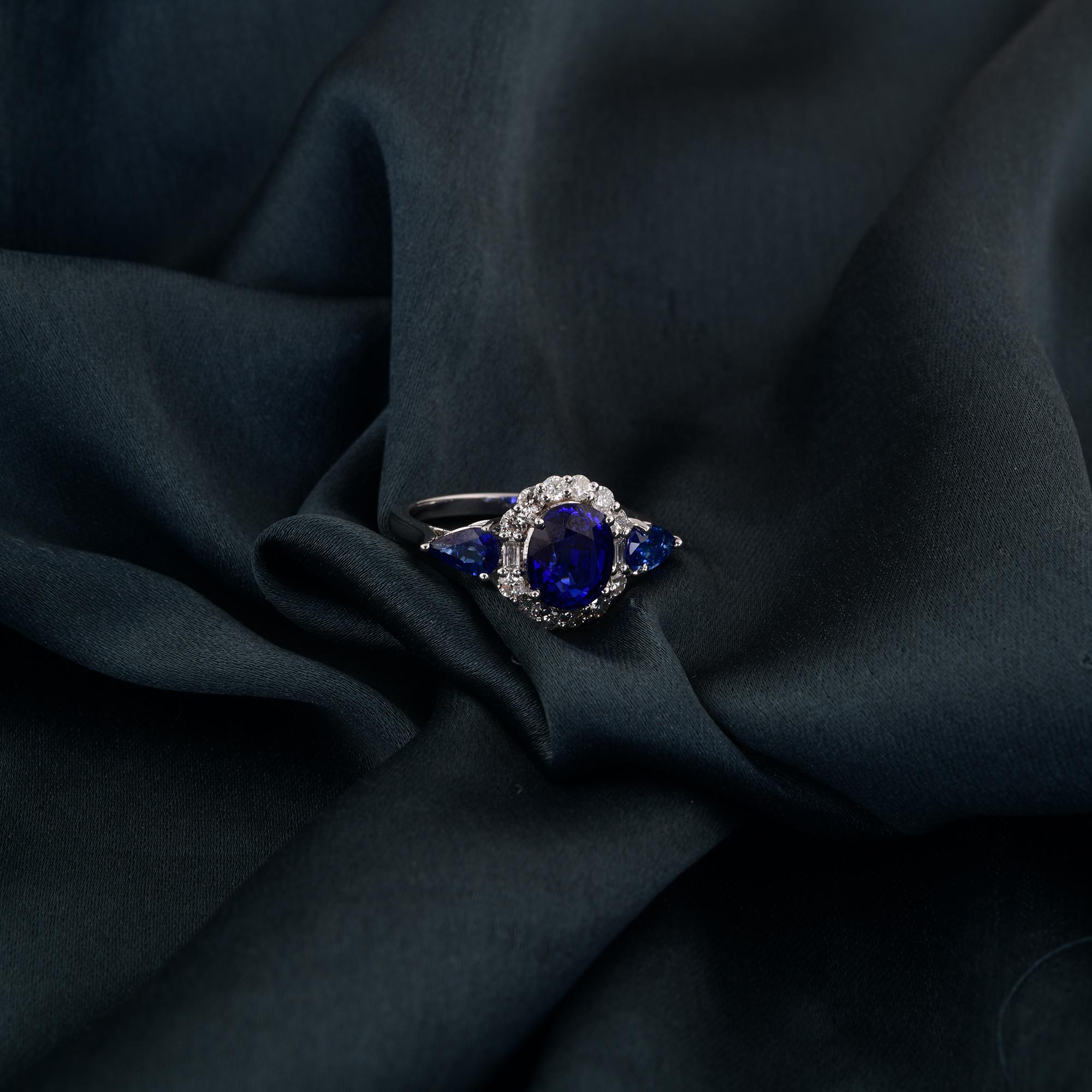 Modern Blue Sapphire Gemstone Cocktail Ring Diamond 14 Karat White Gold Fine Jewelry For Sale