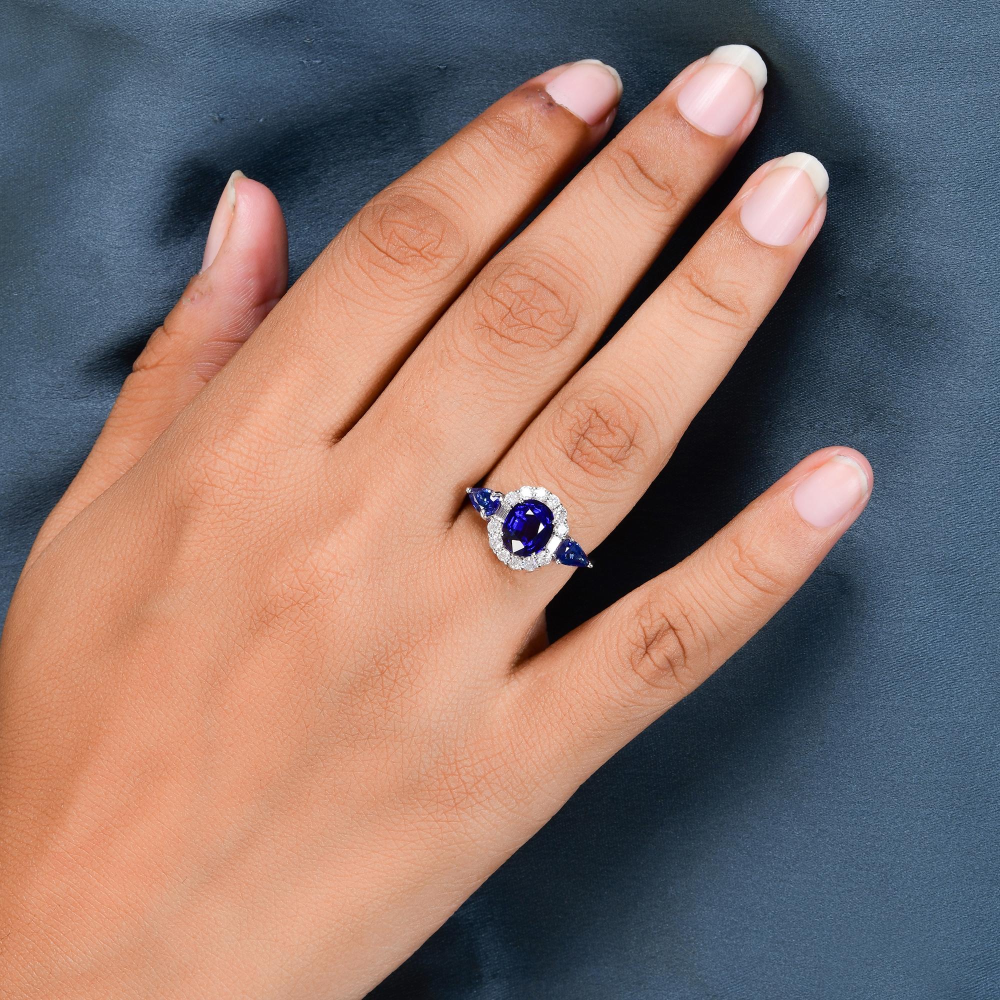 Oval Cut Blue Sapphire Gemstone Cocktail Ring Diamond 14 Karat White Gold Fine Jewelry For Sale