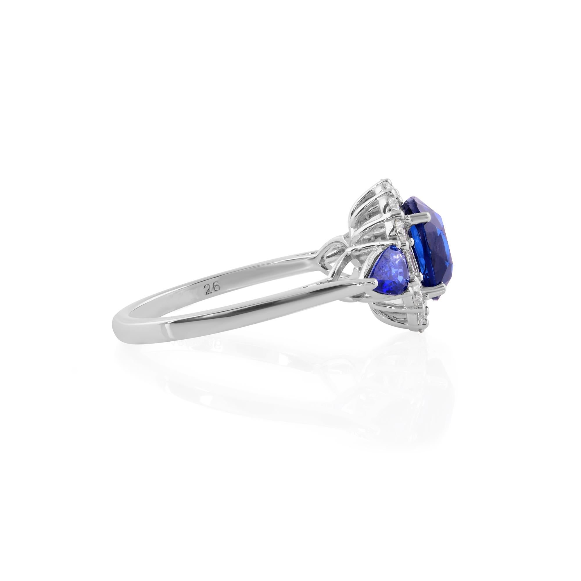 Blue Sapphire Gemstone Cocktail Ring Diamond 14 Karat White Gold Fine Jewelry In New Condition For Sale In Diera, Dubai