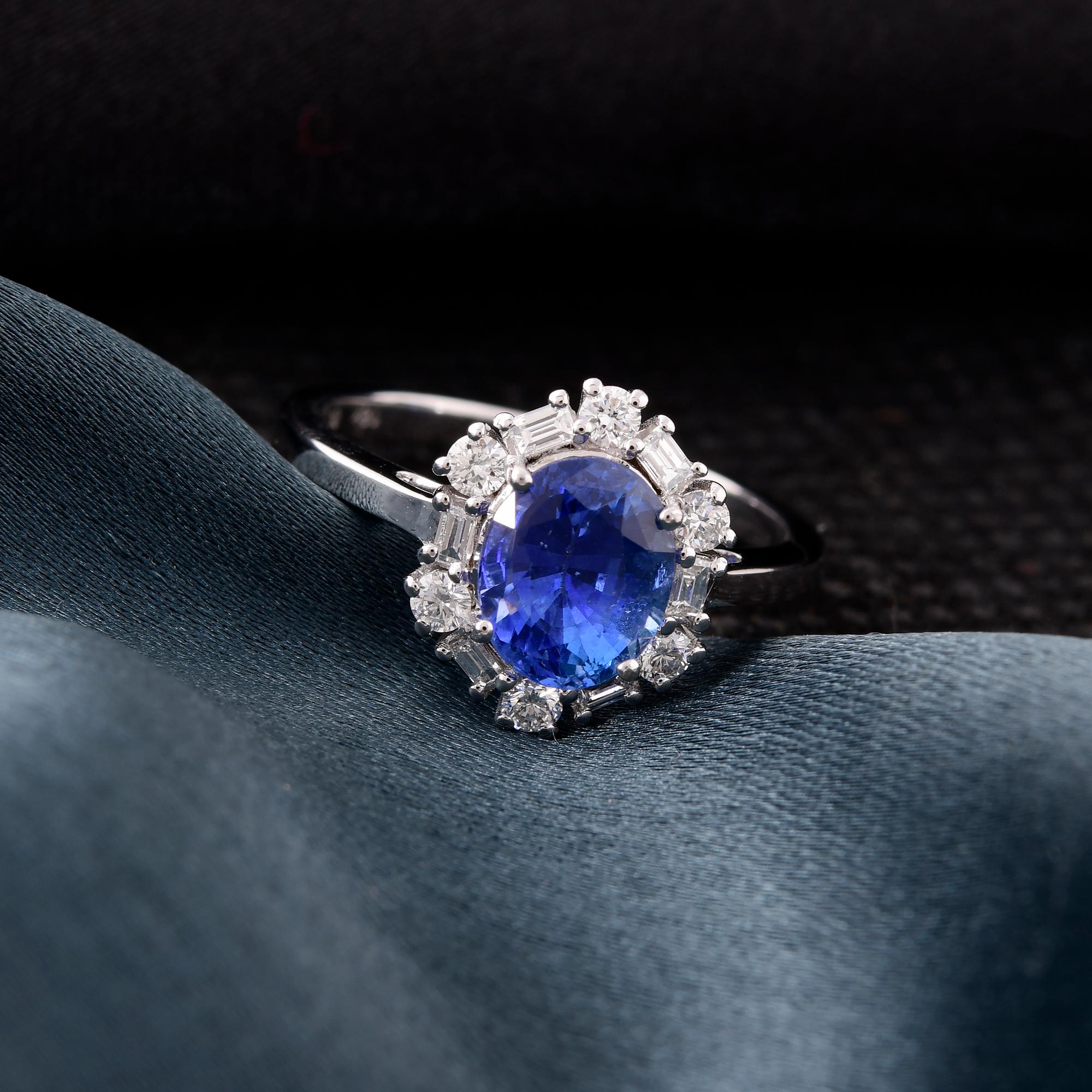 Modern Blue Sapphire Gemstone Cocktail Ring Diamond 14 Kt White Gold Handmade Jewelry For Sale