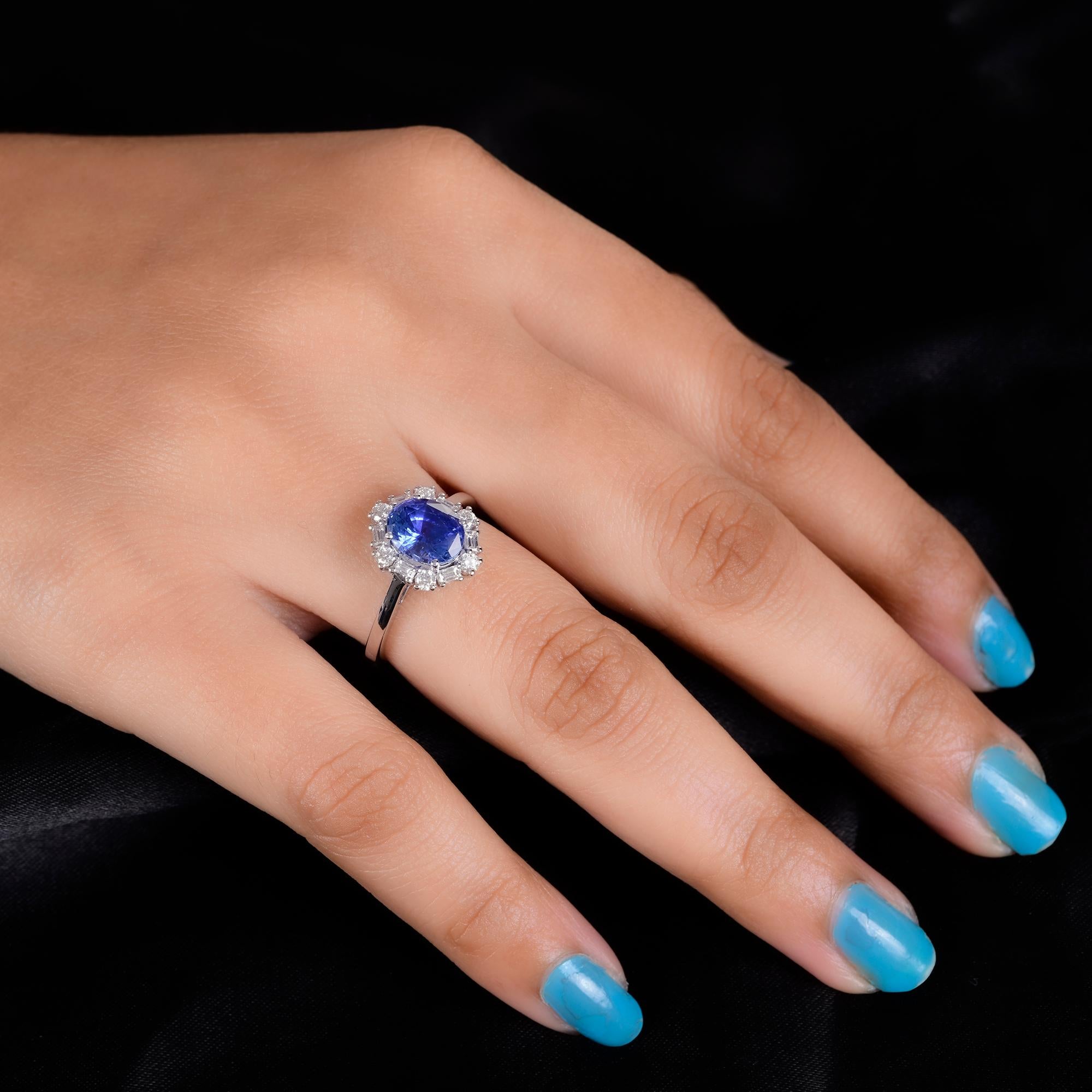 Women's Blue Sapphire Gemstone Cocktail Ring Diamond 14 Kt White Gold Handmade Jewelry For Sale