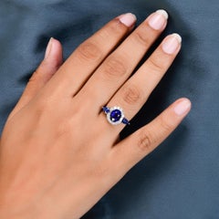 Natural Blue Sapphire Diamond Halo 18k White Gold Wedding Ring for Women
