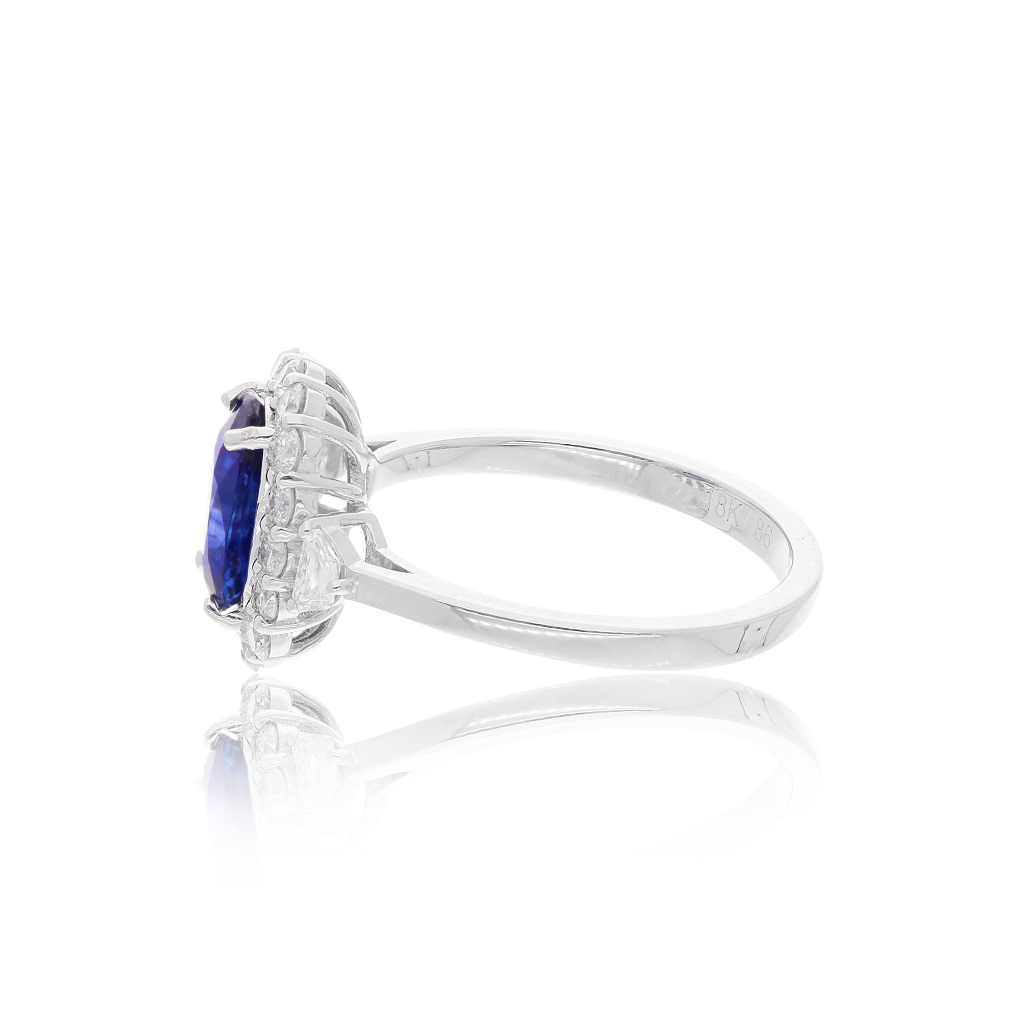 Modern Blue Sapphire Gemstone Cocktail Ring Diamond 18 Karat White Gold Fine Jewelry For Sale