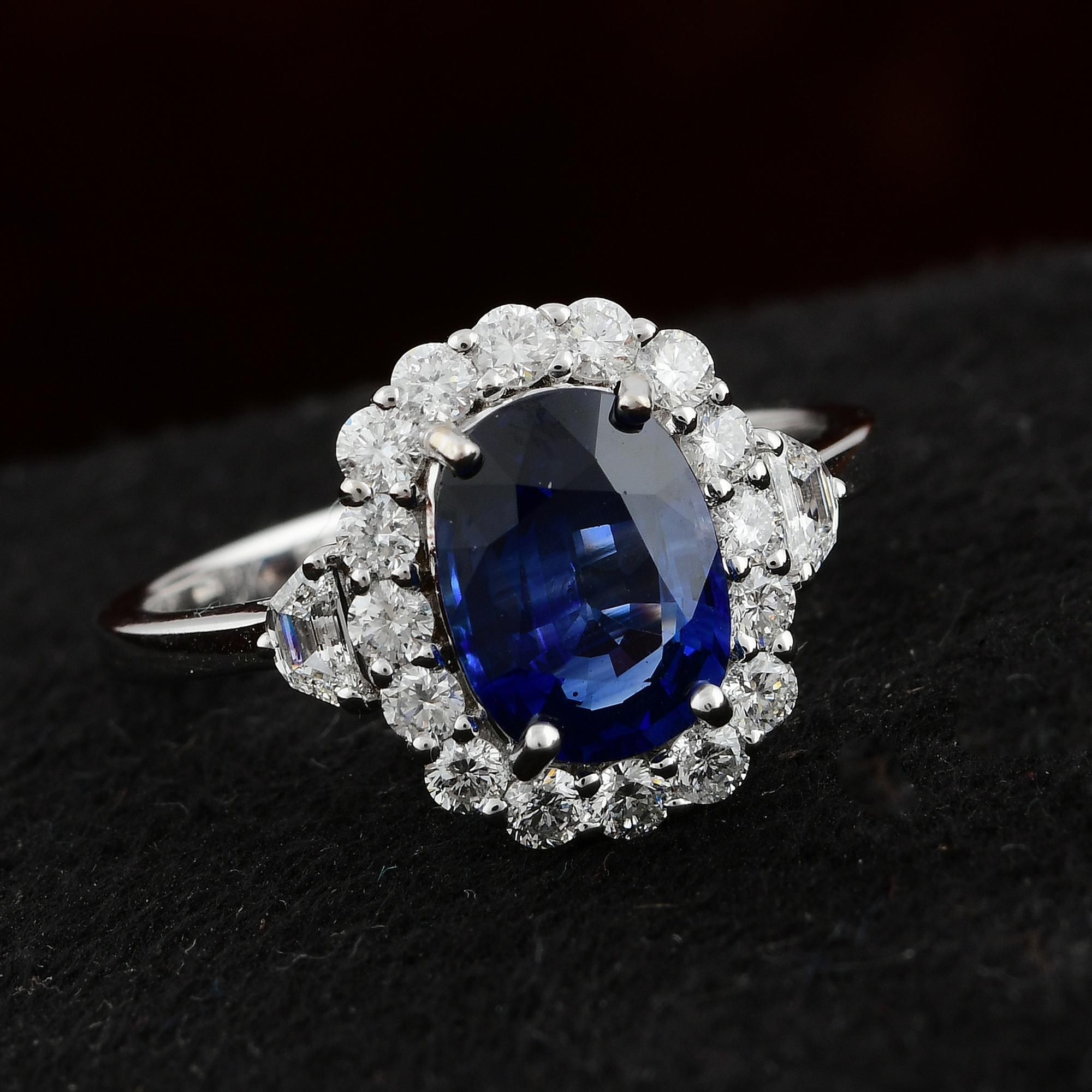 Oval Cut Blue Sapphire Gemstone Cocktail Ring Diamond 18 Karat White Gold Fine Jewelry For Sale