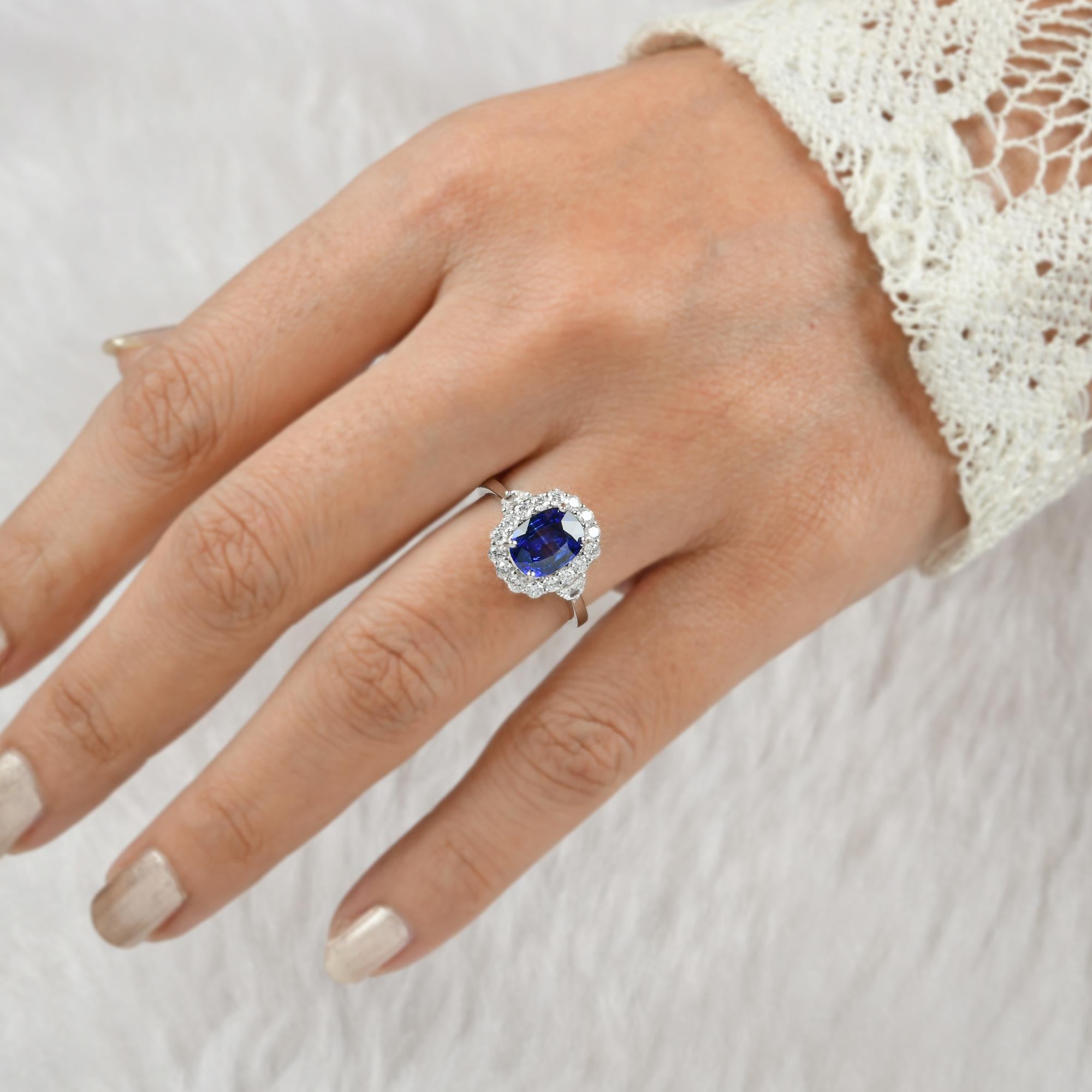 Women's Blue Sapphire Gemstone Cocktail Ring Diamond 18 Karat White Gold Fine Jewelry For Sale