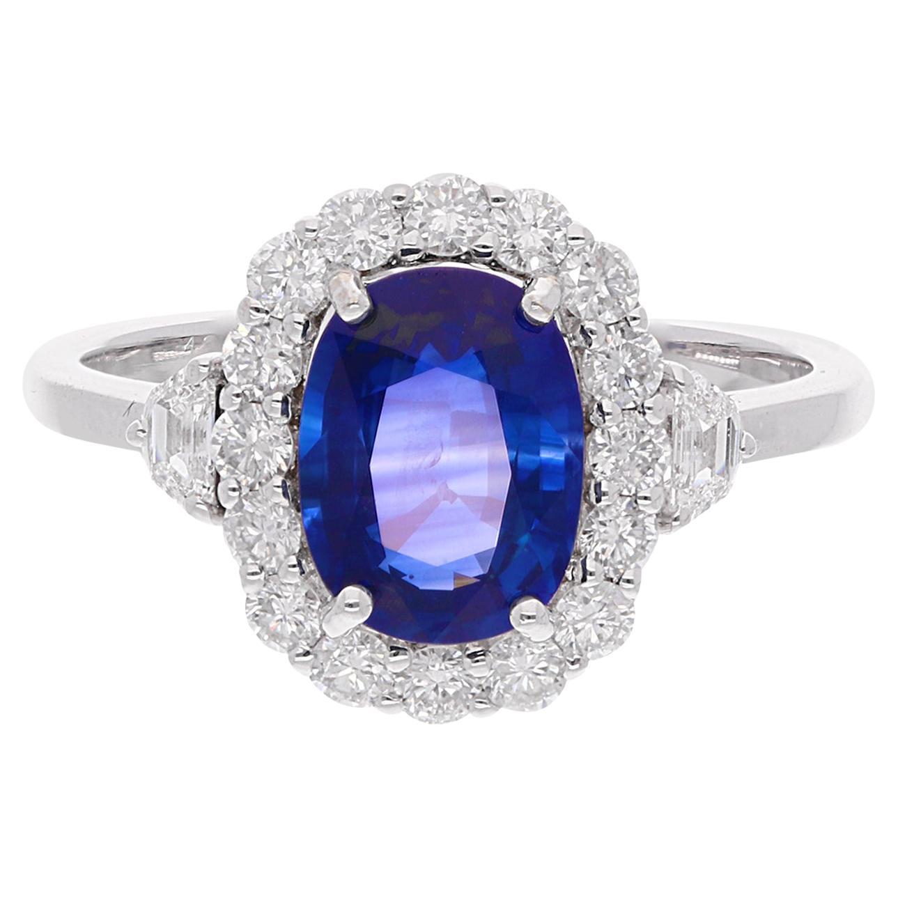 Blue Sapphire Gemstone Cocktail Ring Diamond 18 Karat White Gold Fine Jewelry For Sale