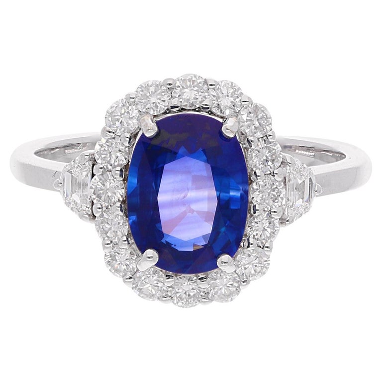 Blue Sapphire Gemstone Cocktail Ring Diamond 18 Karat White Gold Fine
