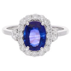 Zafiro Azul Piedra Preciosa Anillo de Cóctel Diamante 18 Kilates Oro Blanco Joyería Fina