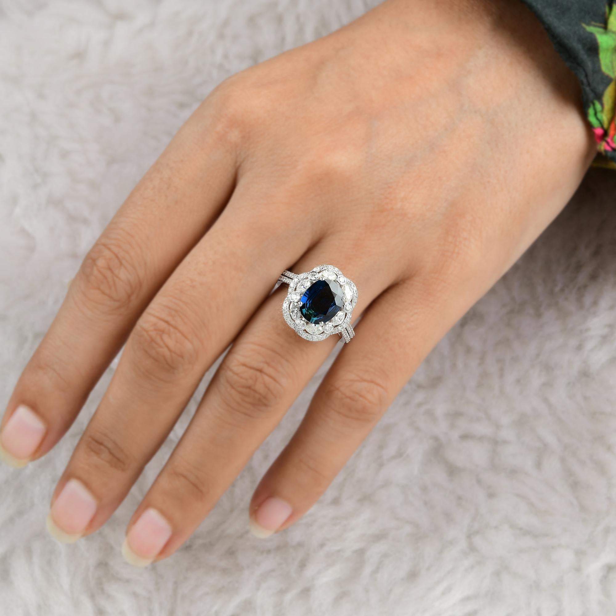 For Sale:  Blue Sapphire Gemstone Cocktail Ring Marquise Diamond 18 Kt White Gold Jewelry 3