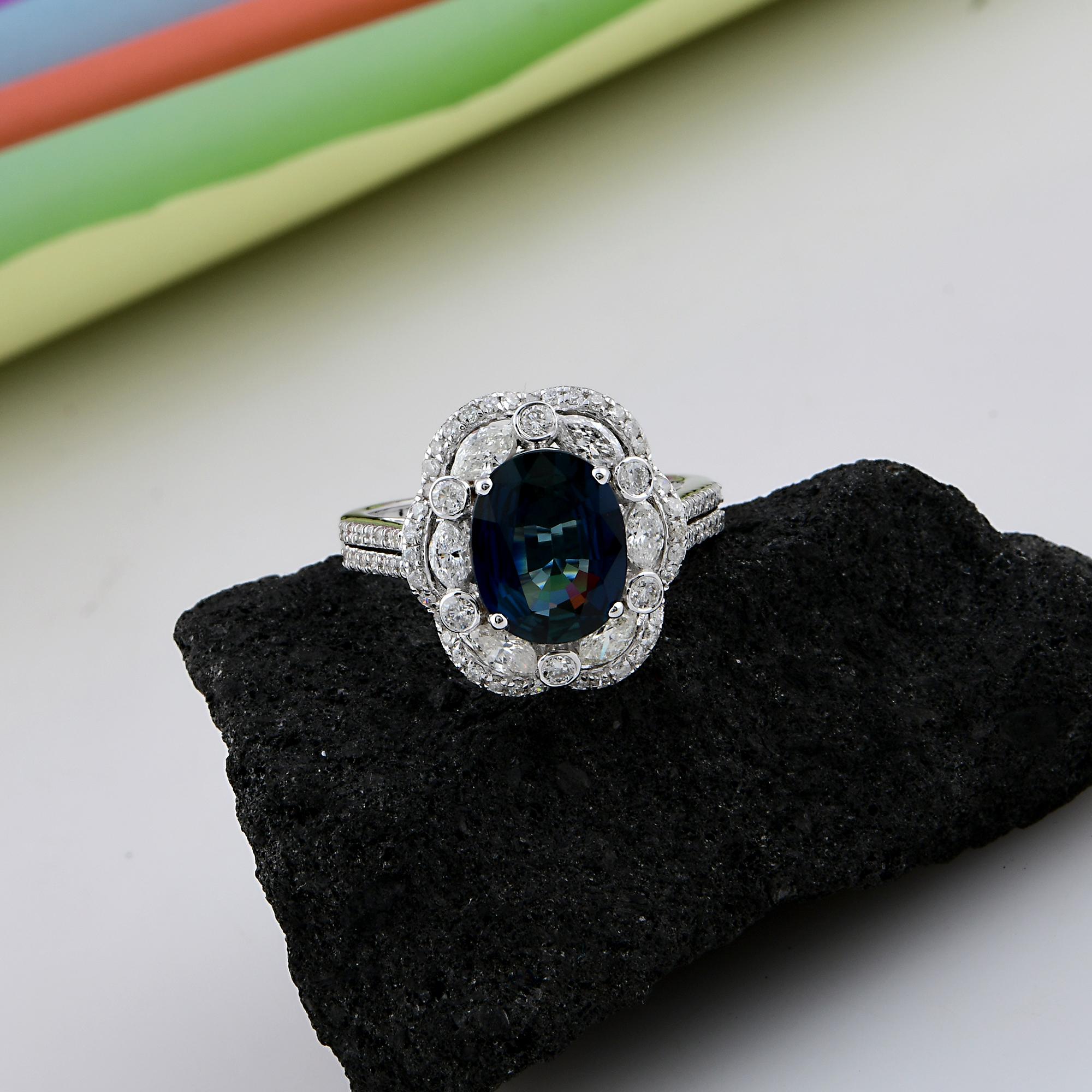 For Sale:  Blue Sapphire Gemstone Cocktail Ring Marquise Diamond 18 Kt White Gold Jewelry 4