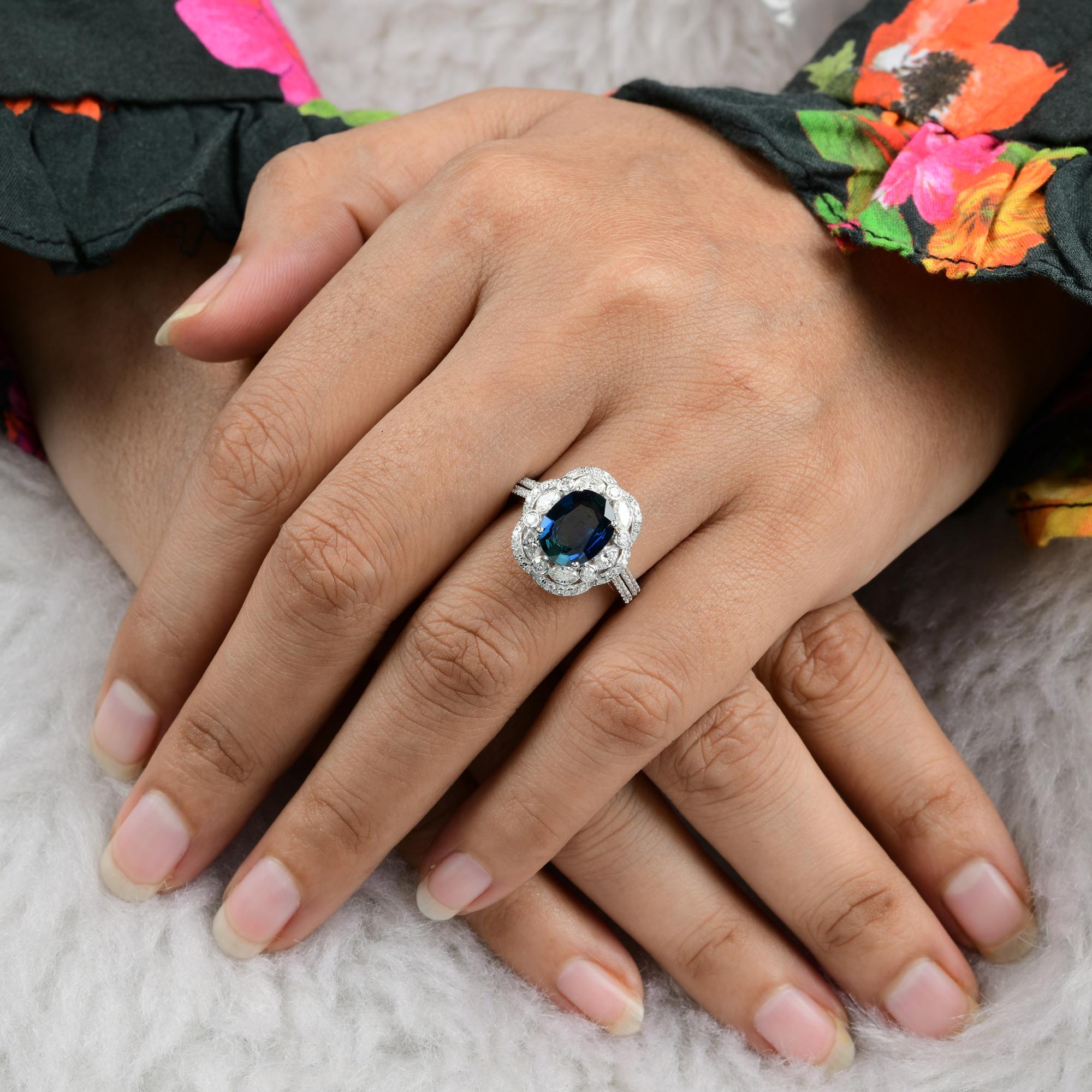 For Sale:  Blue Sapphire Gemstone Cocktail Ring Marquise Diamond 18 Kt White Gold Jewelry 6