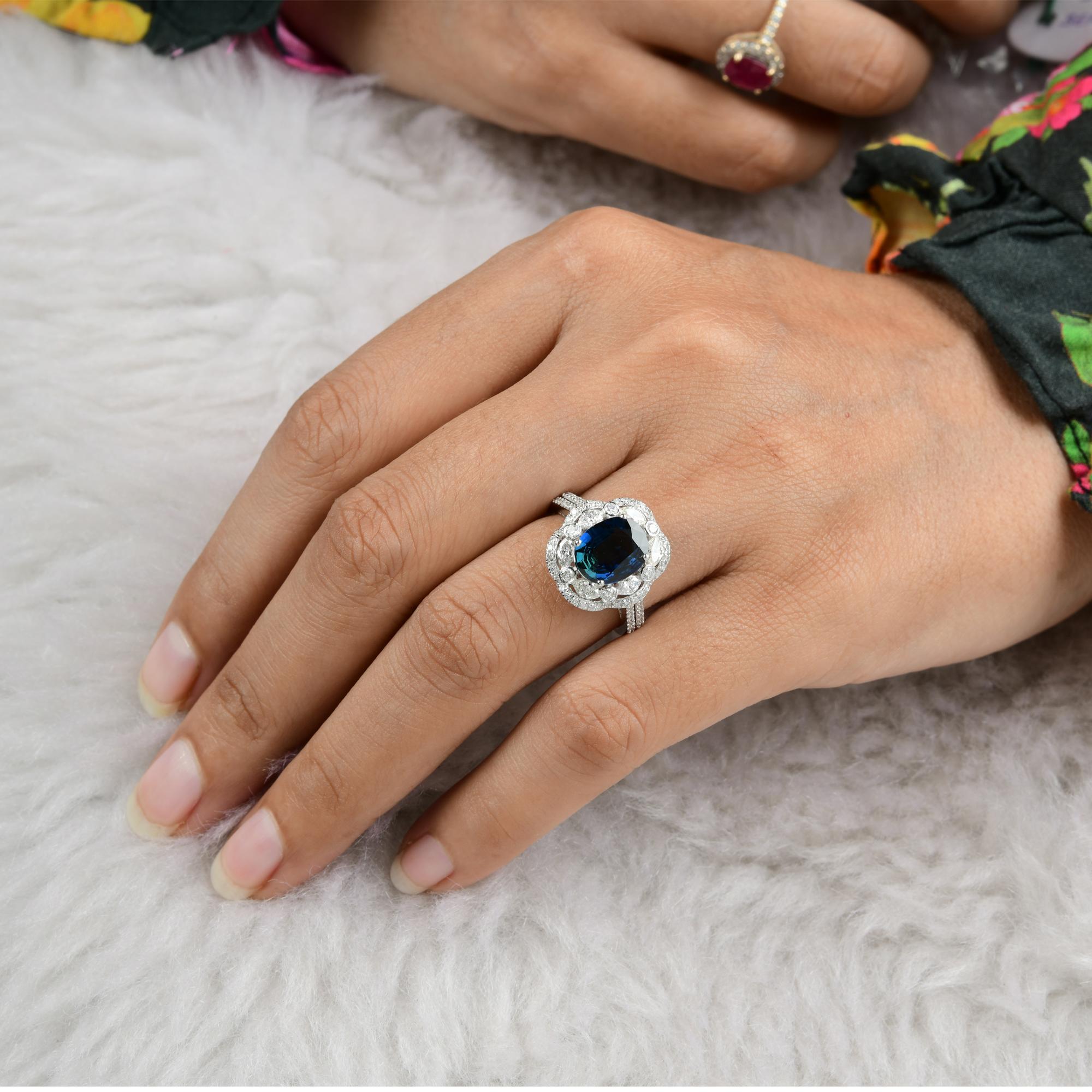 For Sale:  Blue Sapphire Gemstone Cocktail Ring Marquise Diamond 18 Kt White Gold Jewelry 7