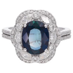 Blue Sapphire Gemstone Cocktail Ring Marquise Diamond 18 Kt White Gold Jewelry