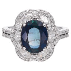 Blauer Saphir Edelstein Cocktail Ring Marquise Diamant 18 Kt Weißgold Schmuck
