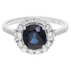 Blue Sapphire Gemstone Cocktail Ring SI/H Diamond 14 Karat White Gold Jewelry
