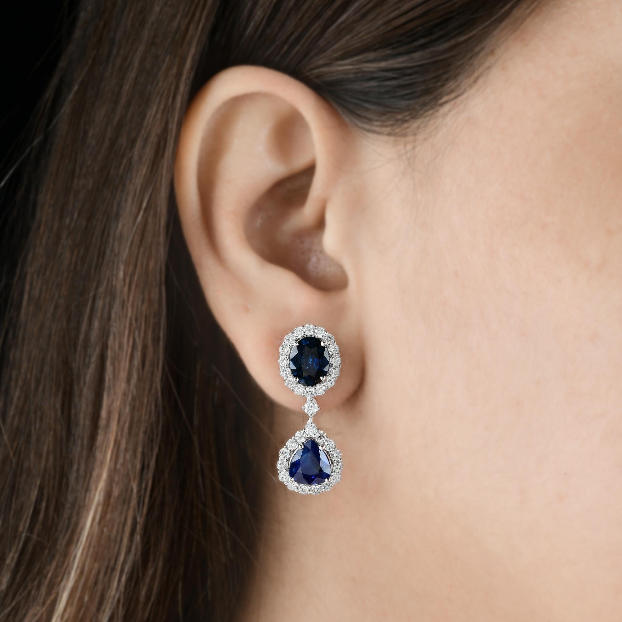 Modern Blue Sapphire Gemstone Dangle Earrings Diamond 14 Karat White Gold Fine Jewelry For Sale