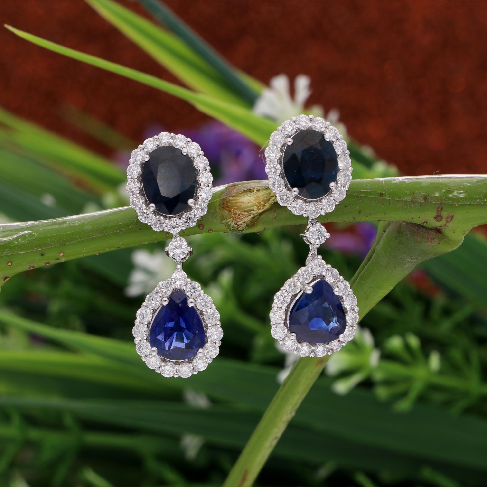 Pear Cut Blue Sapphire Gemstone Dangle Earrings Diamond 14 Karat White Gold Fine Jewelry For Sale