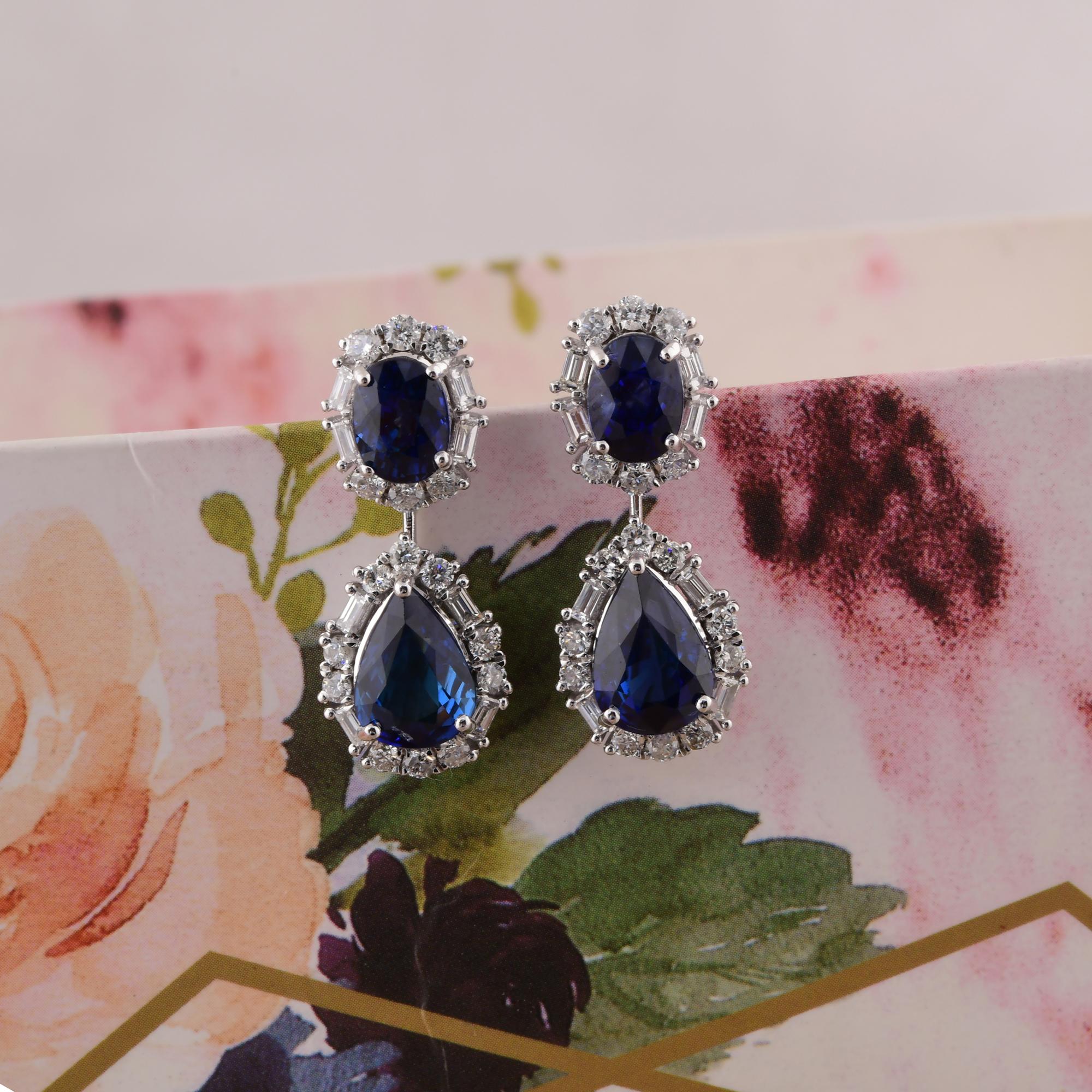 Pendientes Colgantes Zafiro Azul Diamante Oro Blanco 14 Kilates Alta Joyería en Nuevo estado para la venta en Diera, Dubai