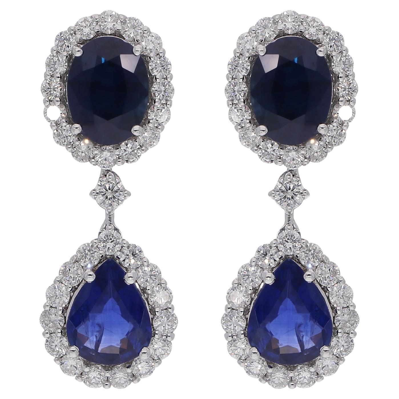 Orecchini pendenti con pietra preziosa zaffiro blu Diamante Oro bianco 14 carati Gioielli di pregio