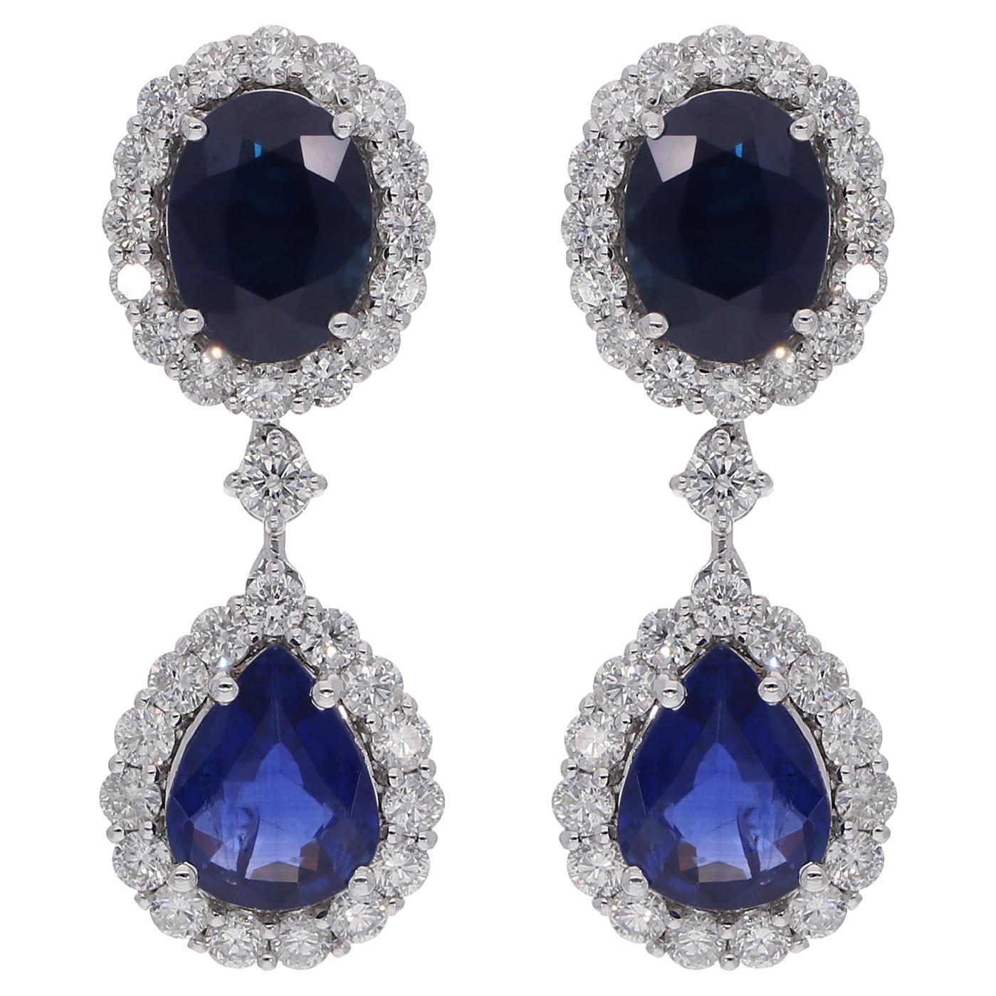 Blue Sapphire Gemstone Dangle Earrings Diamond 18 Karat White Gold Fine Jewelry