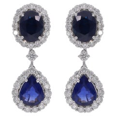 Pendants d'oreilles en or blanc 18 carats avec saphir bleu et diamants, bijouterie d'art